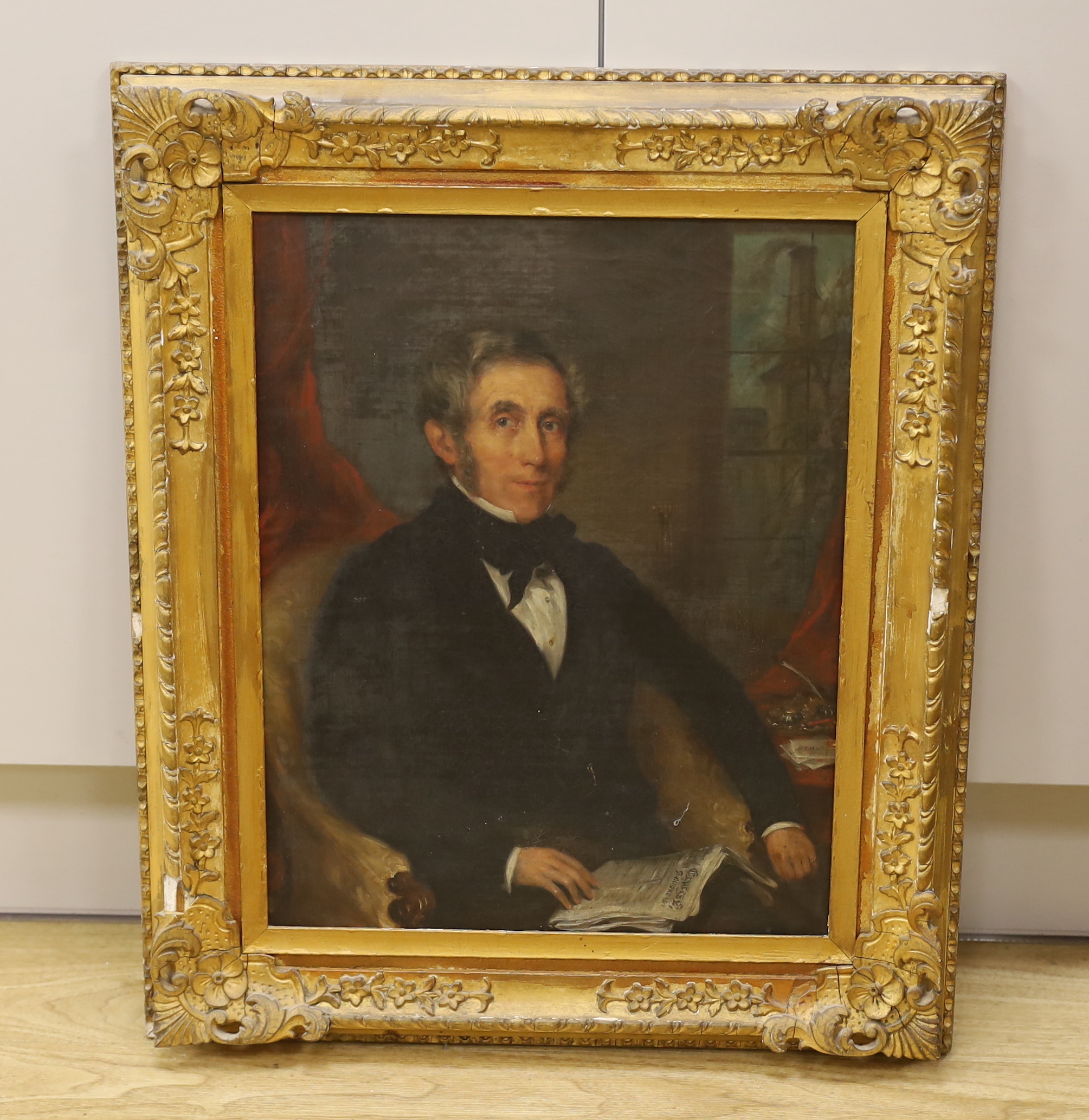 Victorian School, oil on canvas, Portrait of a seated gentleman in an interior, 44 x 34cm, ornate gilt framed